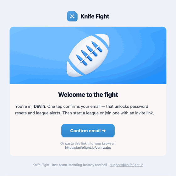 The Knife Fight welcome email resizing responsively from 600 to 360 pixels