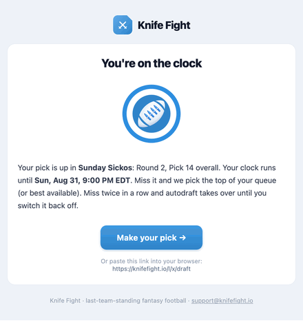 The on-the-clock email with an animated pick clock draining down