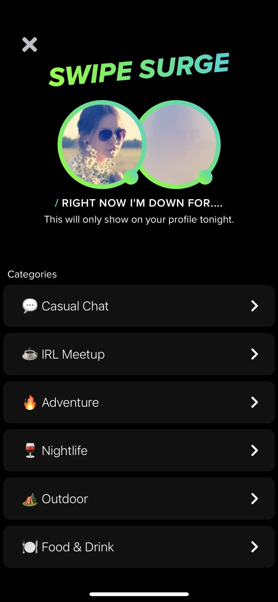 Swipe Surge categories including Casual Chat, IRL Meetup, Adventure, and Nightlife