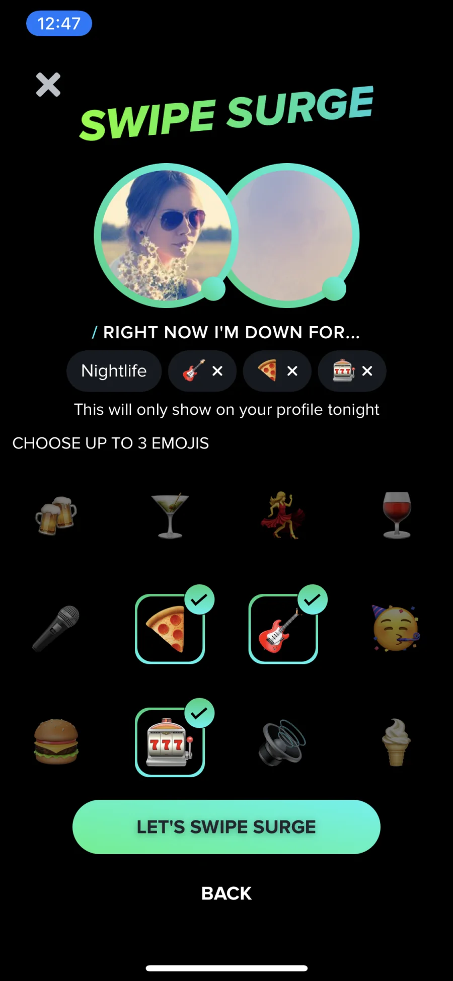 Swipe Surge screen with Nightlife selected and three activity emoji